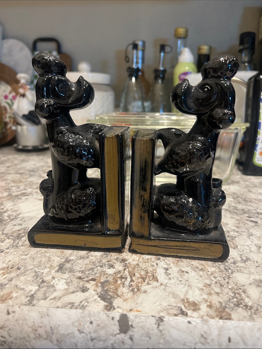 Vintage Black Ceramic Poodle Bookends with Gold Accents - Decorative Home Accent